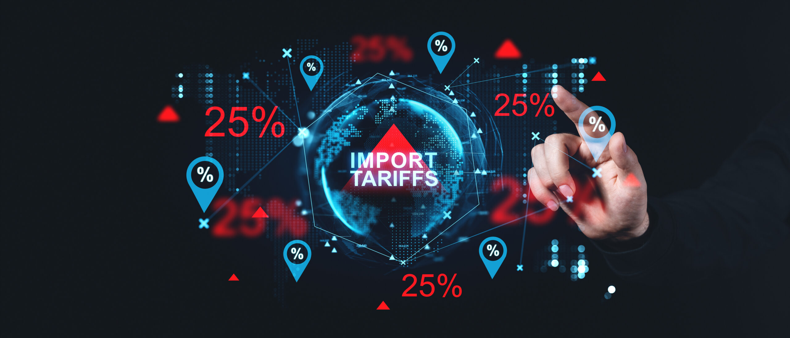 BOMA BEST - A hand points at a digital interface displaying "IMPORT TARIFFS" and multiple "25%" markers, highlighting tariff risks and the importance of effective tariff risk management in global trade.