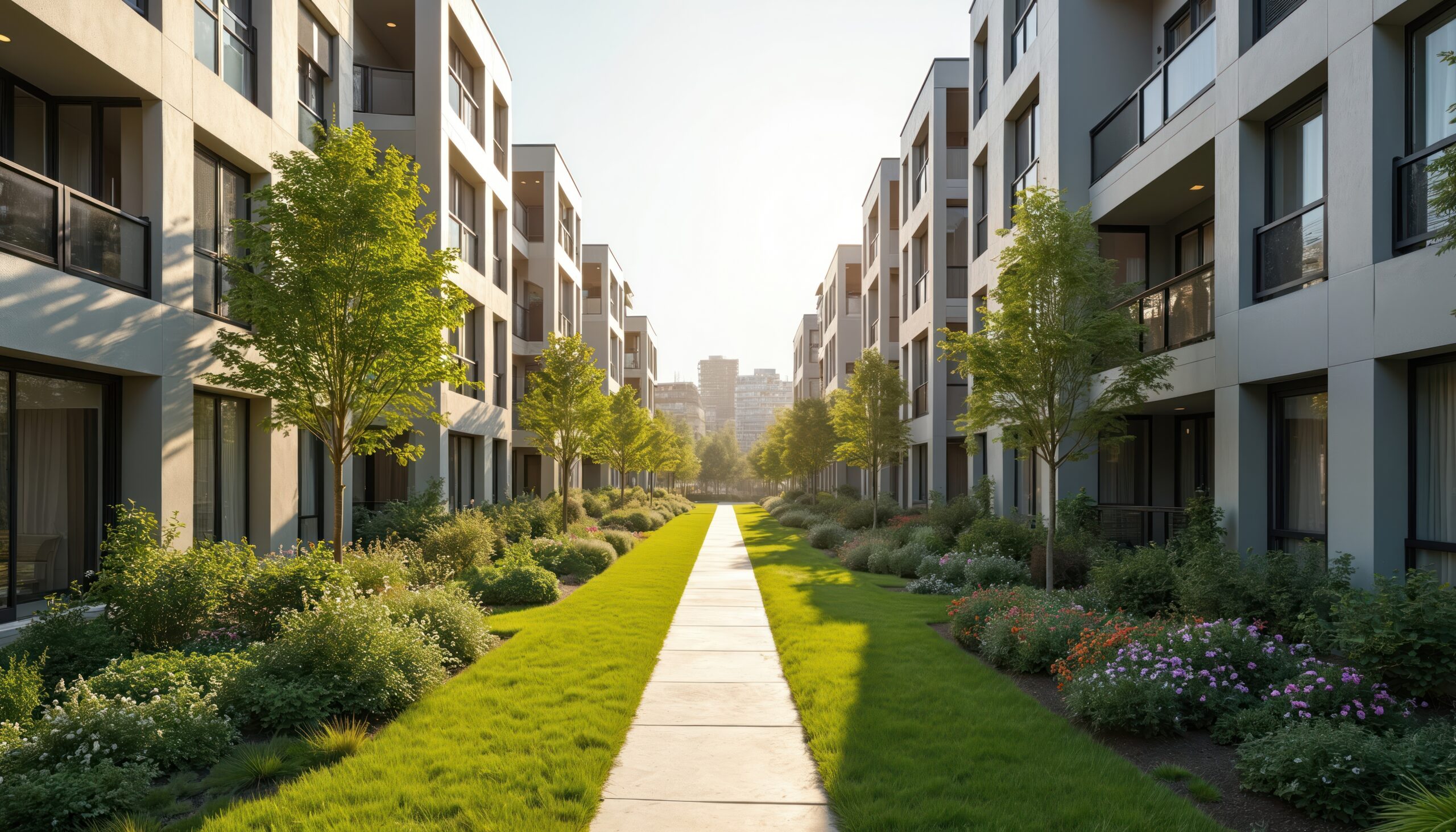 BOMA BEST - A straight path lined with grass and landscaped gardens runs between two modern apartment buildings under bright sunlight, showcasing a BOMA BEST-certified community.
