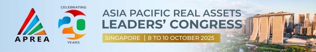 BOMA BEST - Banner for the Asia Pacific Real Assets Leaders' Congress, Singapore, 8-10 October 2025, featuring the APREA logo, a 20th anniversary emblem, and a cityscape of Singapore—highlighting the Resilience Dividend in urban development.