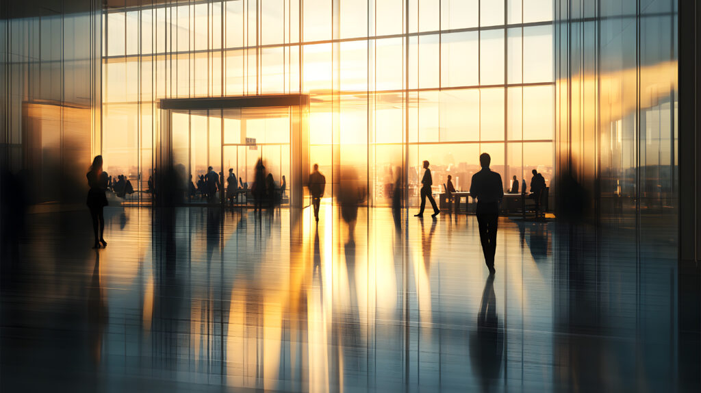 BOMA BEST - Silhouetted people walk and sit in a modern glass-walled building during sunset, with reflections on the polished floor—a quiet crisis unfolding amid the calm.