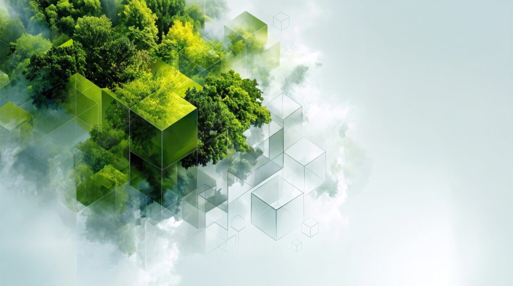 BOMA BEST - Aerial view of a forest merging with translucent geometric cubes and mist, showing a blend of nature and abstract digital shapes against a light background—an evocative representation of building reputation and brand through innovative operations.